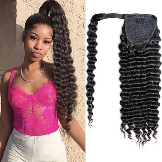 #1B Natural Black Deep Wave Ponytail Extension Grade 12A 100% Brazilian Virgin Human Hair Bundles 100 Grams!!