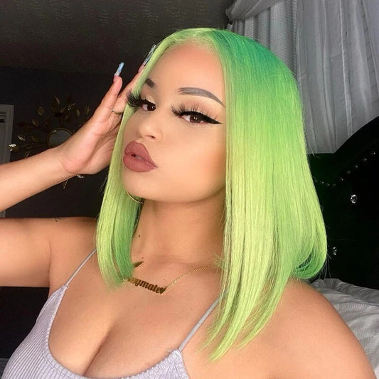 13x4 Glueless Lime Green Bobs HD Full Lace Frontal Wig Grade 12A 100% Brazilian Human Hair!