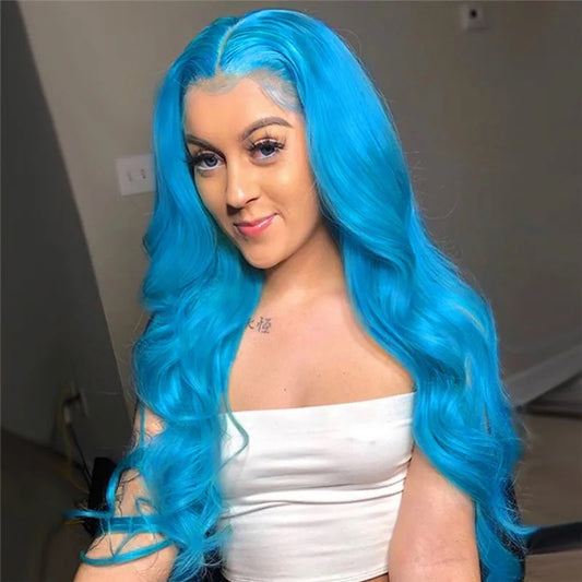 13x4 Sky Blue Straight Swiss Lace Grade 12A Frontal Wig 100% Brazilian Human Hair 💙💙💙