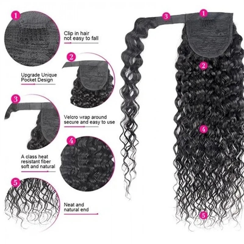 #1B Natural Black Water Wave Ponytail Extension Grade 12A 100% Brazilian Virgin Human Hair Bundles 100 Gram