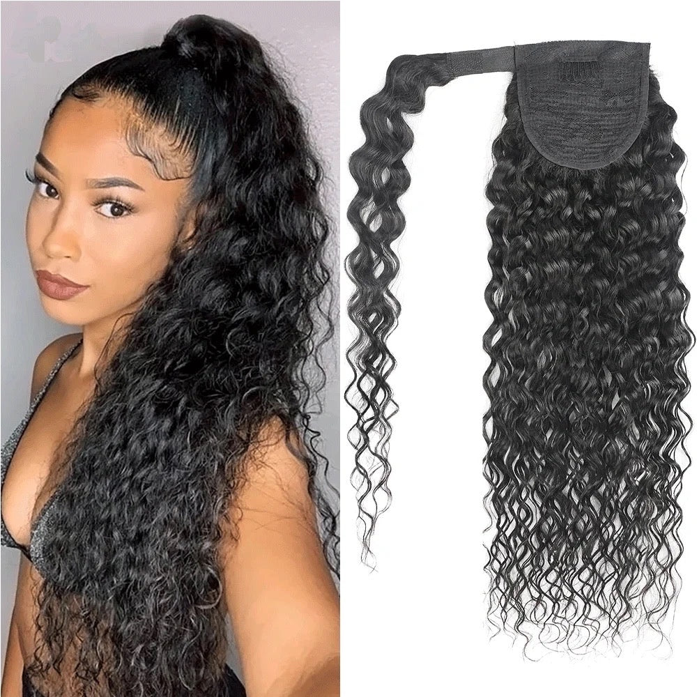 #1B Natural Black Water Wave Ponytail Extension Grade 12A 100% Brazilian Virgin Human Hair Bundles 100 Gram