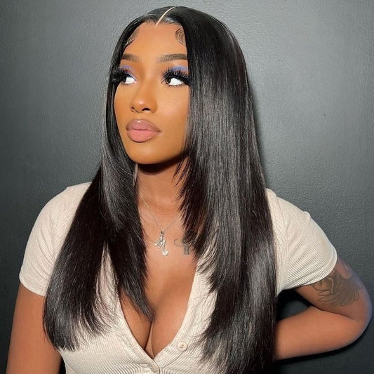 5x5 #1B Black Straight Kinky Straight Yaki Lace Closure Wig