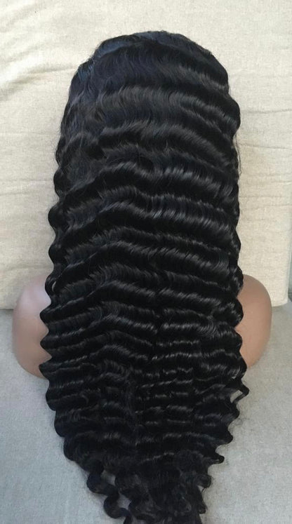 13x6 #1B Black Deep Wave Swiss Lace Grade 12A Frontal Wig 100% Virgin Human Hair