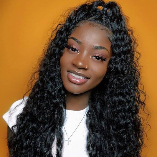 13x6 #1B Natural Black Brazilian Water Wave Swiss Lace Grade 12A Frontal Wig 100% Virgin Human Hair