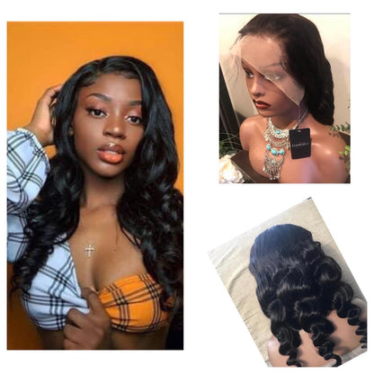 13x6 #1B Black Loose Wave Swiss Lace Grade 12A Frontal Wig 100% Virgin Human Hair