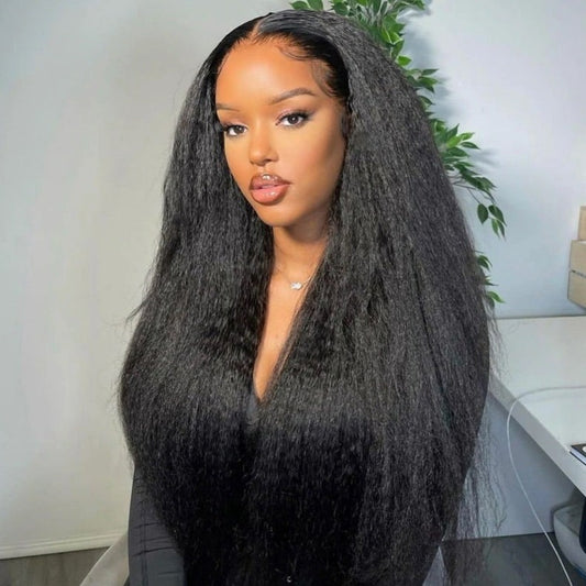 13x6 #1B Black Kinky Straight (Yaki) Swiss Full Lace Grade 12A Frontal Wig 100% Virgin Human Hair